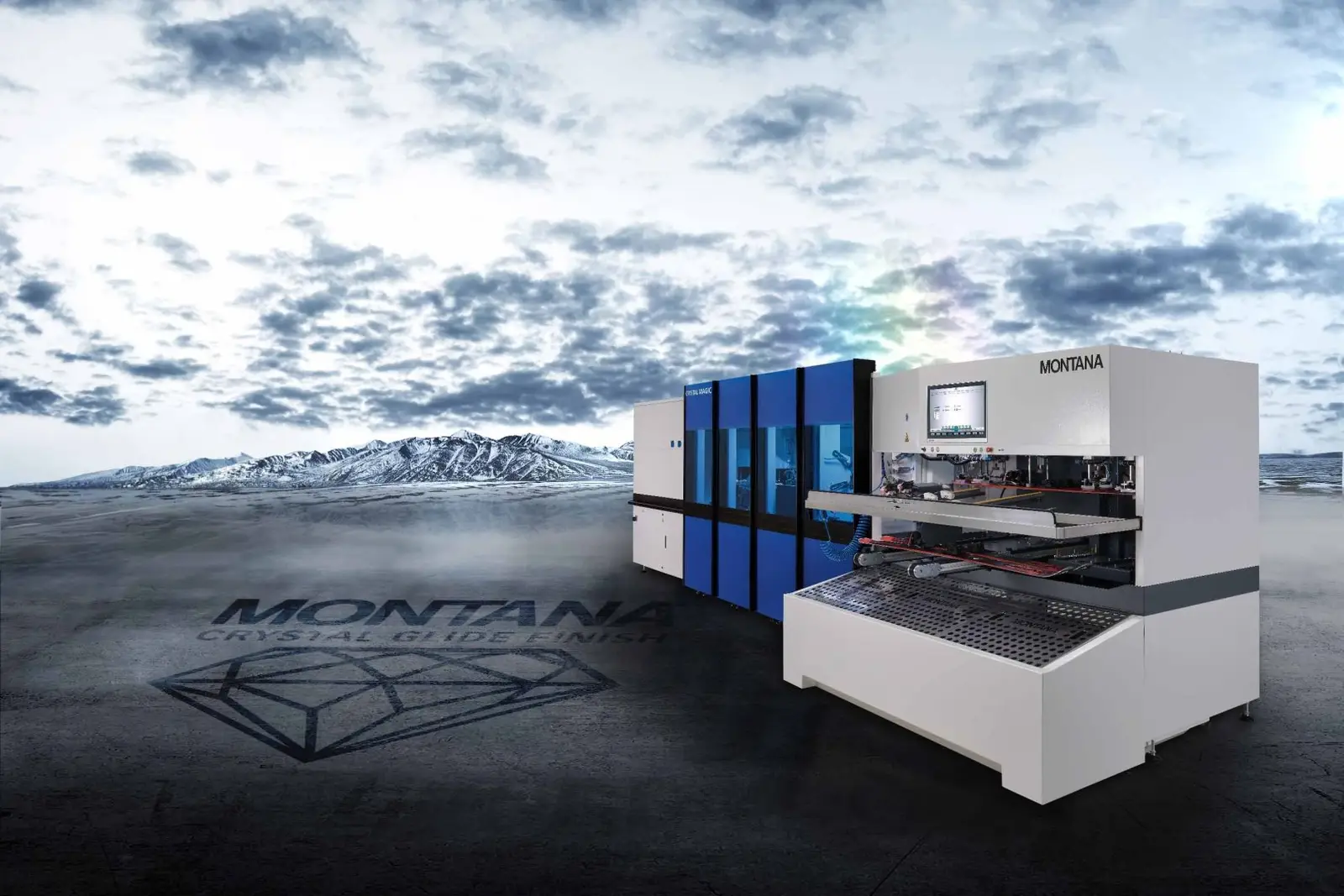 Montana Ski-Service-Maschine auf dunklem Boden mit dem Montana-Crystal-Glide-Logo