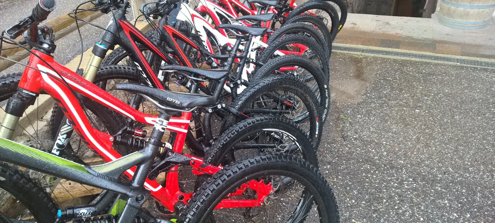 Fila di mountain bike full suspension rosse e bianche in un portabici